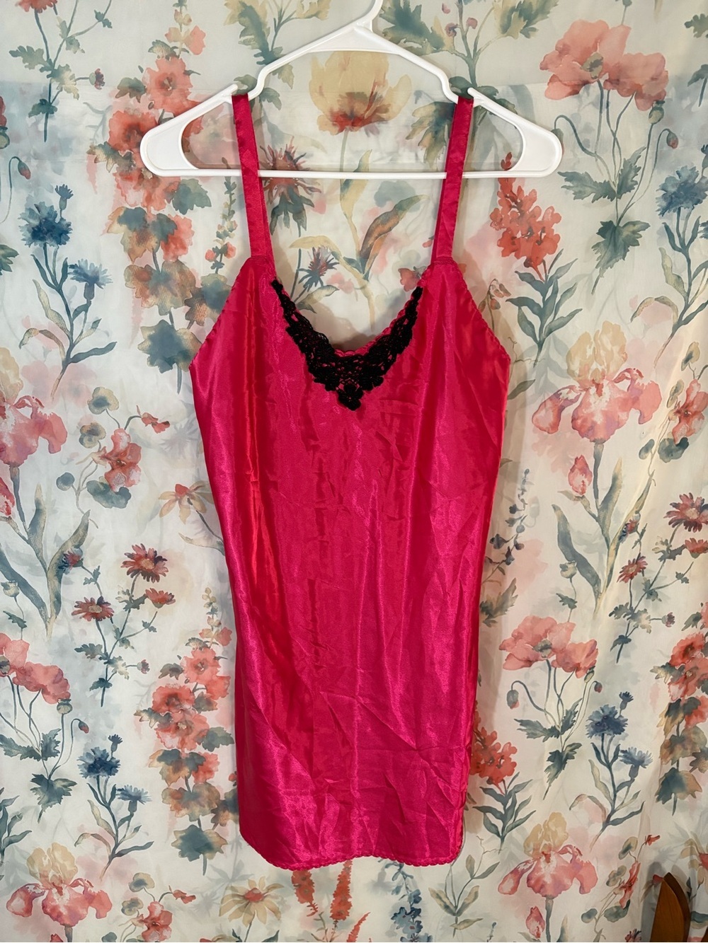 Vintage Women’s Hot Pink Slip Dress with Black Lace Trim